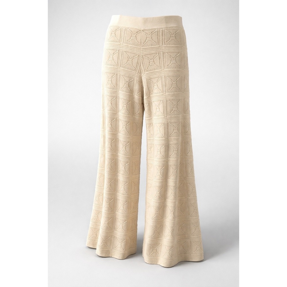 Cream Geometric Pointelle Knit Wide Leg Pants High Rise Boho Crochet Trousers
